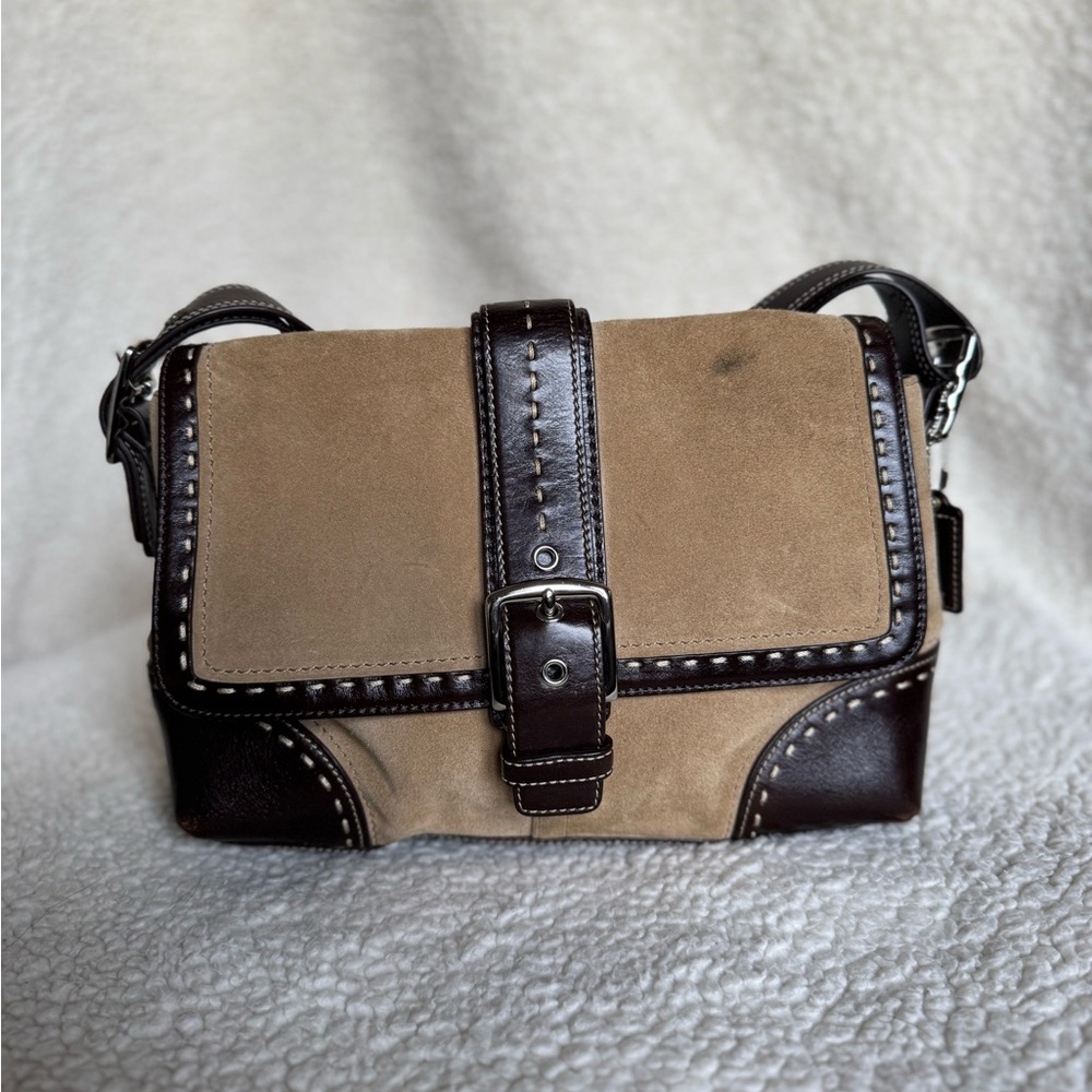 Coach Tan and Brown Messenger Bag with Studded Detailing